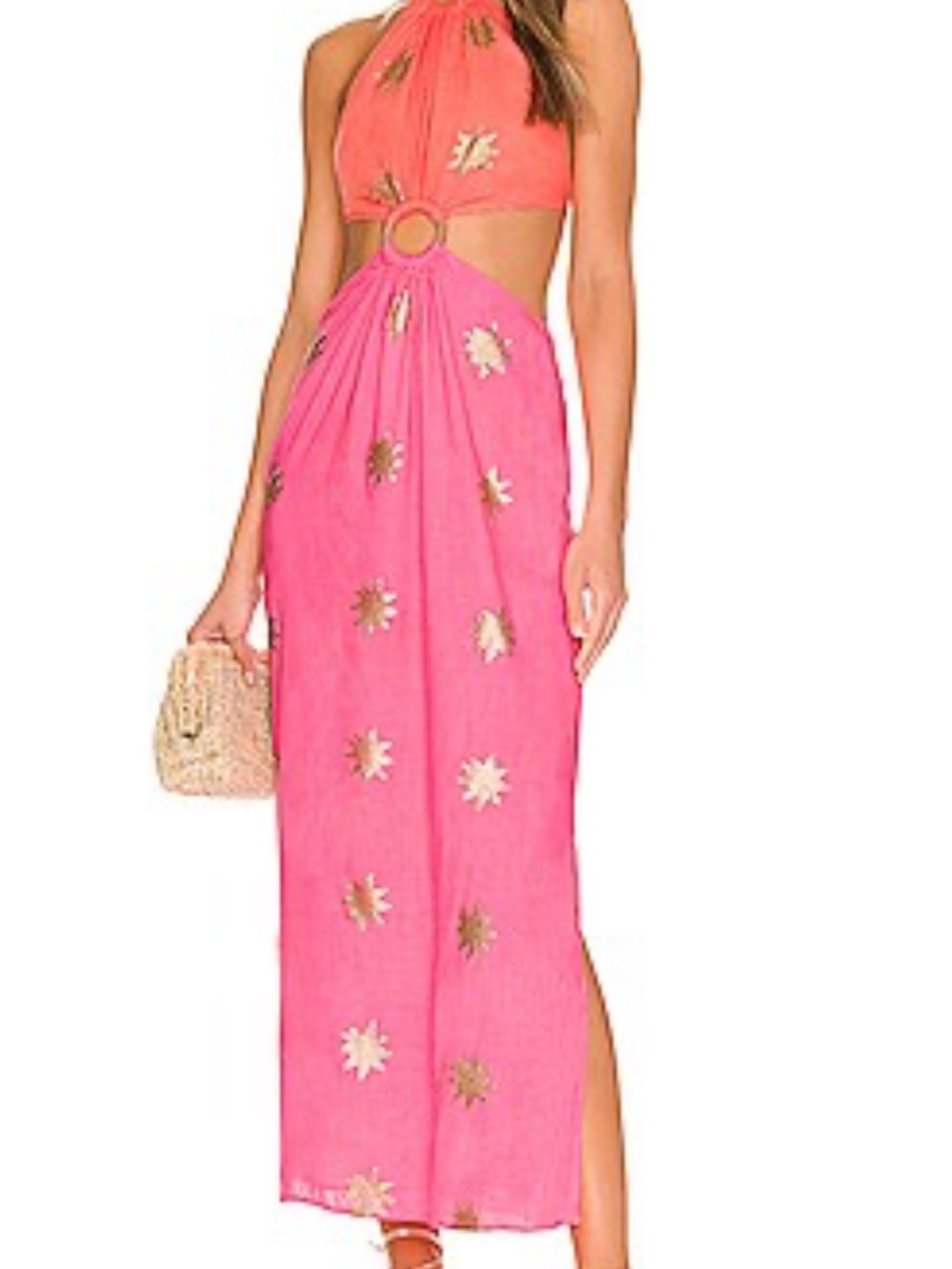 Women's Pink Halter Cutout Maxi Dress with Gold Accents
